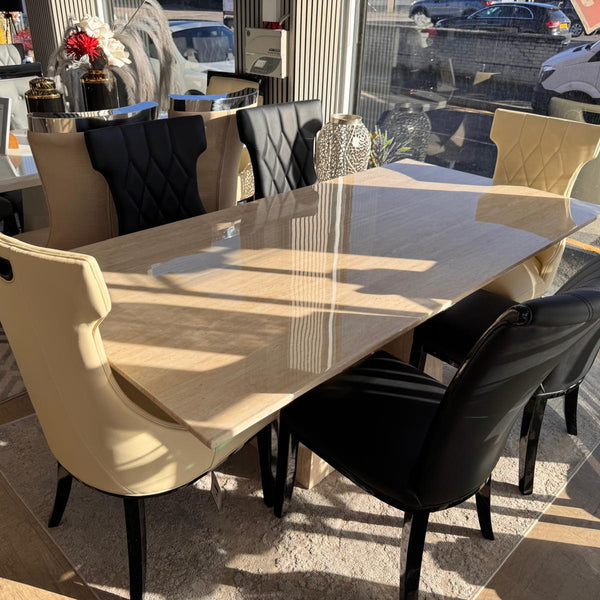 Pluto Beige Marble 200cm Dining Table with Cadiz Black Leather Dining Chairs