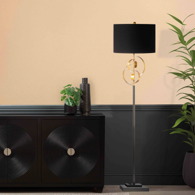 162cm Gold Leaf Metal Floor Lamp with Black Linen Shade