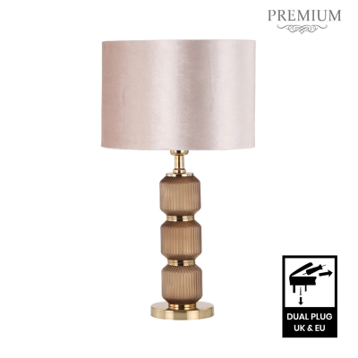 57cm Brown Pleated Glass Table Lamp with Champagne Velvet Shade