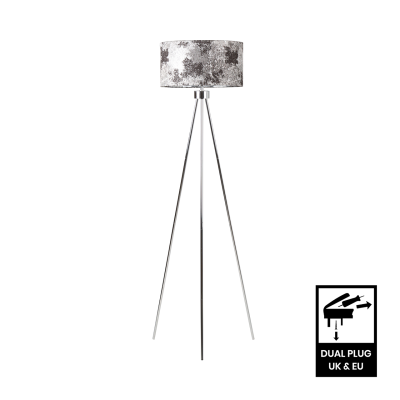 159cm Chrome Tripod Floor Lamp Black and White Linen Shade Silver Inside