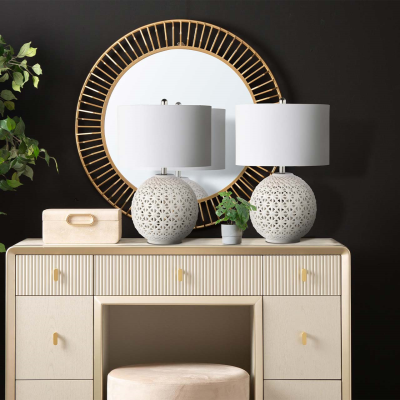 64.8cm White Patterned Ceramic Table Lamp with White Linen Shade