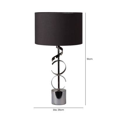 51cm Black Metal Swirl Table Lamp with Black Linen Shade Silver Inside