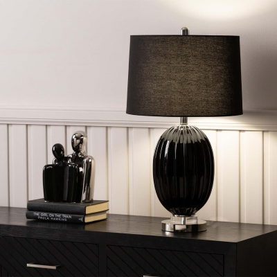67.3cm Ribbed Black Table Lamp with Black Linen Shade