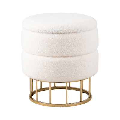 White Boucle Round Storage Stool with Gold Legs