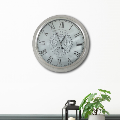 Round 52.5cm Silver Gears Wall Clock with Roman Numerals