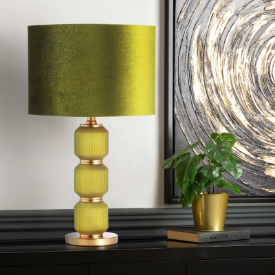 57cm Frost Green Pleated Glass with Green Velvet Shade Table Lamp