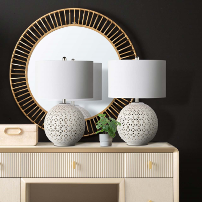 64.8cm White Patterned Ceramic Table Lamp with White Linen Shade