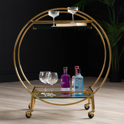 96cm Gold Metal and Clear Glass Drinks Trolley