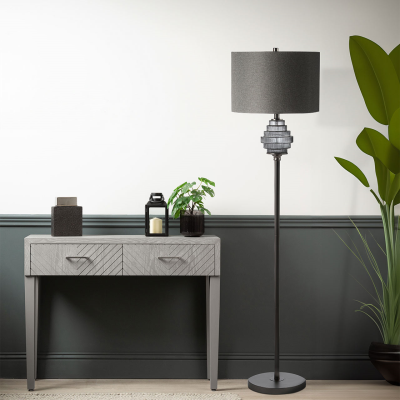161cm Smoke Glass Floor Lamp with Grey Linen Shade
