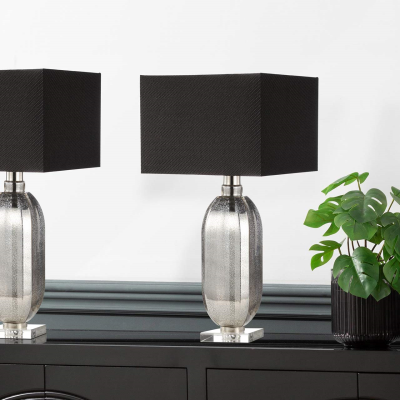 83.8cm Silver Mercury Glass Table Lamp with Dark Grey Linen Shade
