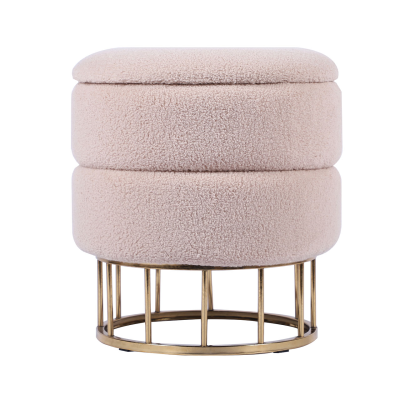Beige Boucle Round Storage Stool with Gold Legs