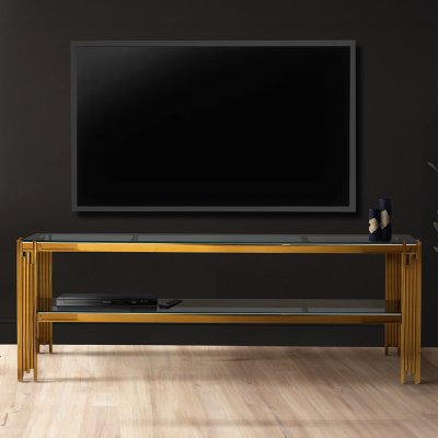 Cohen Gold Steel Tubes with Clear Glass Shelves Entertainment Unit
