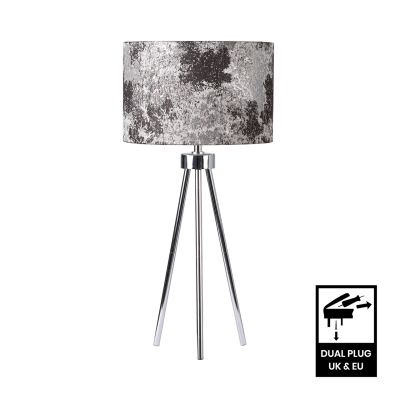 63cm Chrome Tripod Table Lamp Black and White Linen Shade Silver Inside