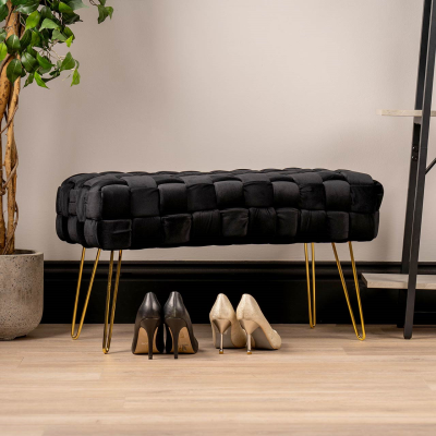 Black Velvet Woven Bench with Gold Legs