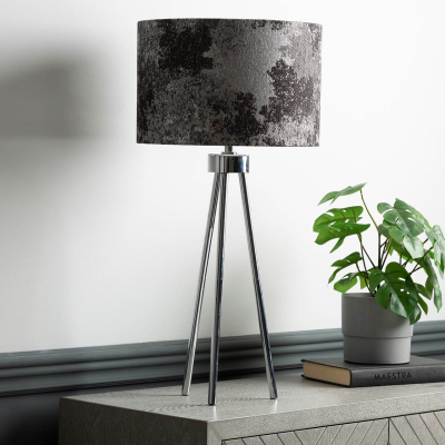 63cm Chrome Tripod Table Lamp Black and White Linen Shade Silver Inside
