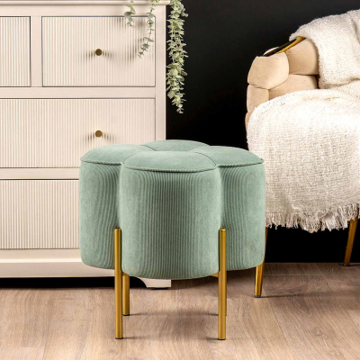 Aqua Blue Velvet Clover Ottoman with Gold Legs
