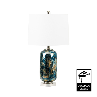 61.2cm Blue and Silver Glass Table Lamp with White Linen Shade