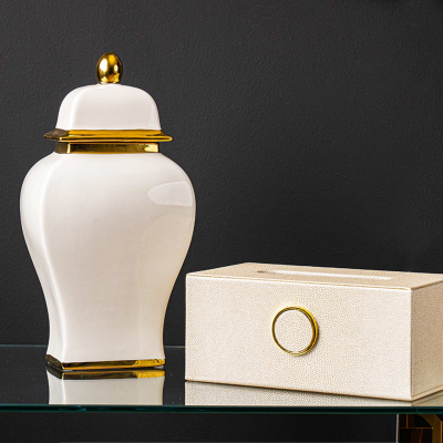 34.8cm White with Gold Lid Ginger Jar
