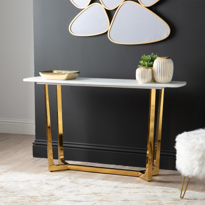 Meghan Gold Metal with White Faux Marble Top Console Table