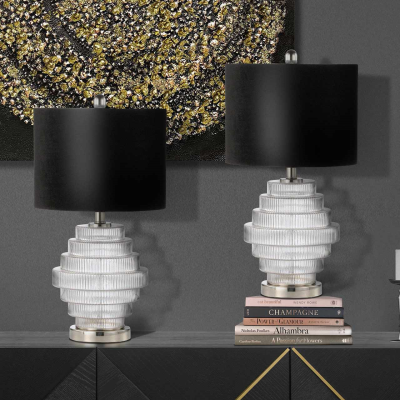 Clear Glass Table Lamp with Black Velvet Shade Silver Inside