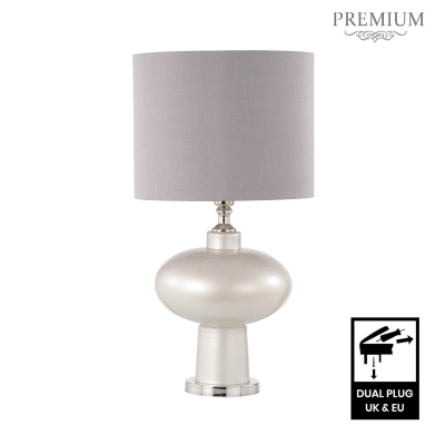 65cm Opal Grey Glass Table Lamp with Grey Faux Silk Shade
