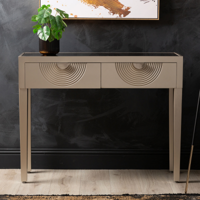 Elon 2 Drawer Console Table Gold with Gold Mirror Top and Silver Handles