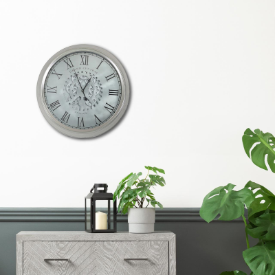 Round 52.5cm Silver Gears Wall Clock with Roman Numerals