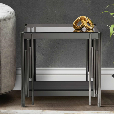 Cohen Black Gunmetal Steel Tubes and Smoke Glass Top End Table