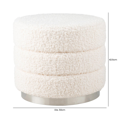 White Boucle Round Ottoman with Chrome Base