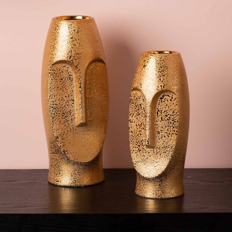 38cm Gold Textured Ceramic Face Vase