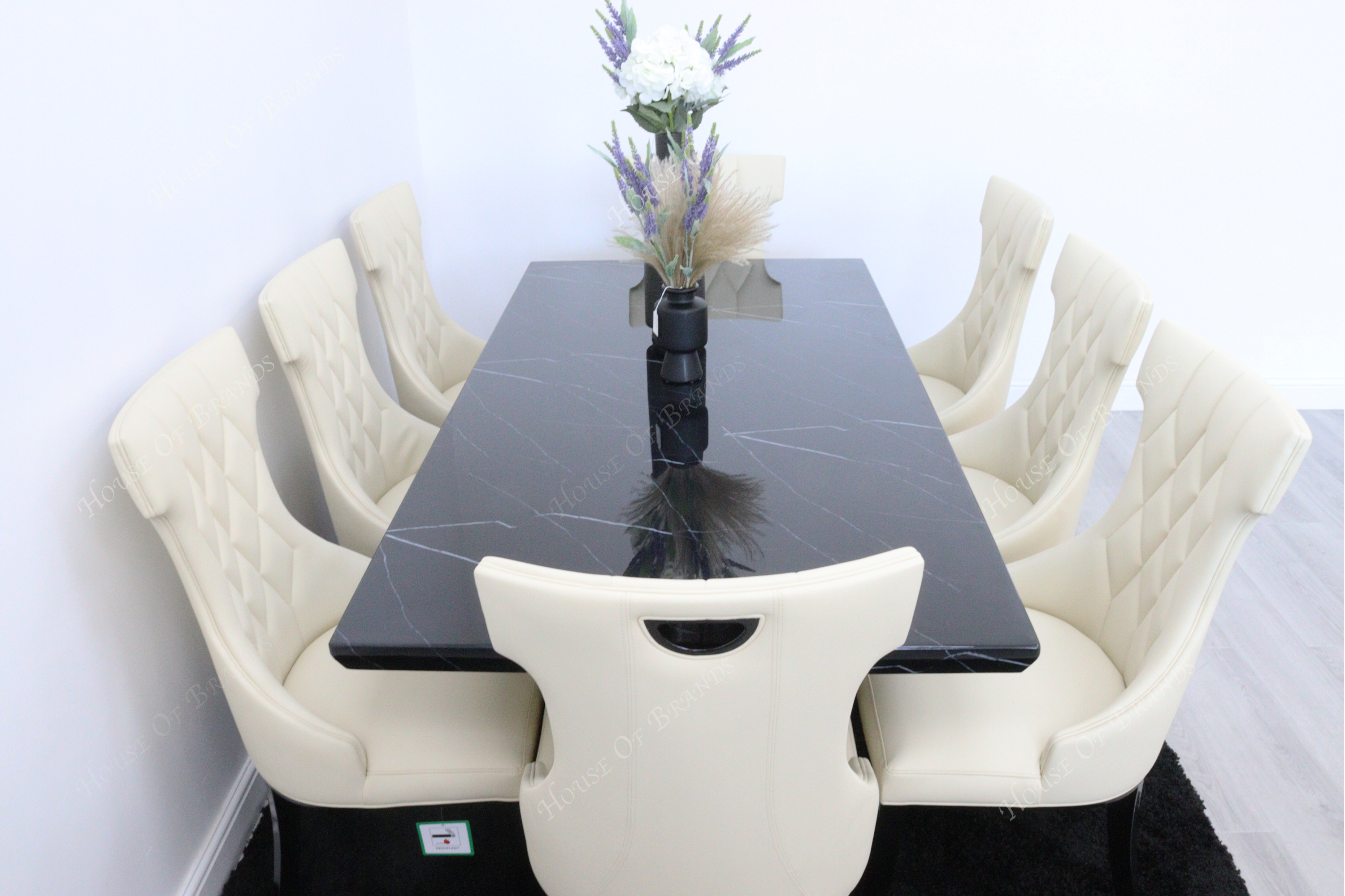 200cm Naples Black Marble Dining Table with 8 Mimi Cream Leather Chair