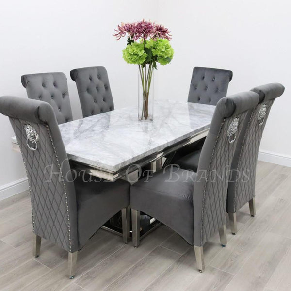 Sicily Marble Dining Table with 6 Emma Knockerback Chairs