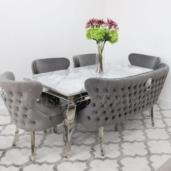 180cm Louis Marble Dining Table with 4 Valentino Velvet Knockerback Chairs and Valentino Velvet Dining Bench