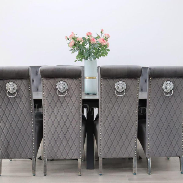 Phoenix Extendable Ceramic Dining Table and 8 Emma Velvet Knockerback Dining Chairs