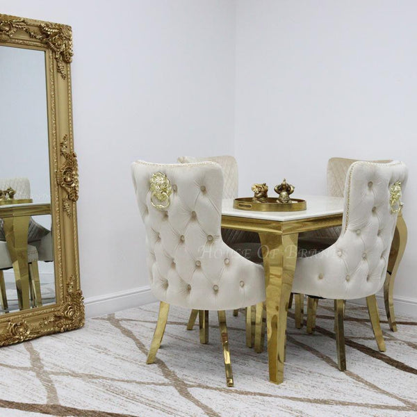 120cm Gold Louis Marble Dining Table with 4 Victoria Gold Knockerback Chairs