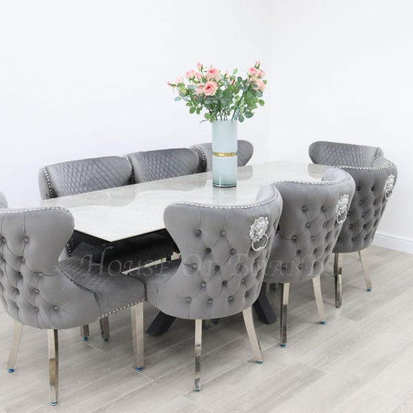 Phoenix Extendable Ceramic Dining Table and 8 Valentino Velvet Knockerback Dining Chairs