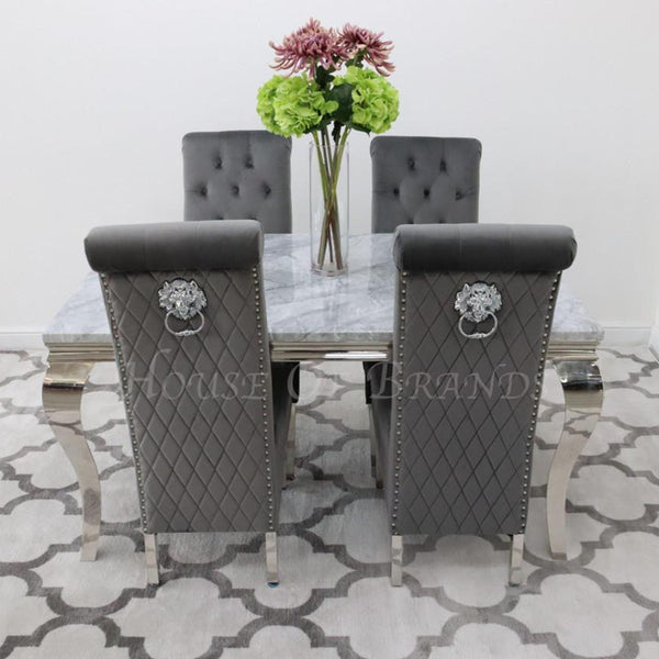 150cm Louis Marble Dining Table with 4 Emma Knockerback Velvet Chairs