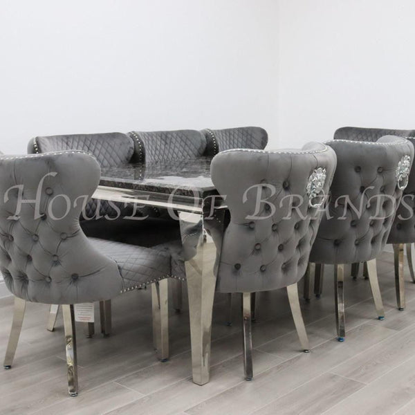 200cm Louis Marble Dining Table with 8 Valentino Knockerback Velvet Chairs