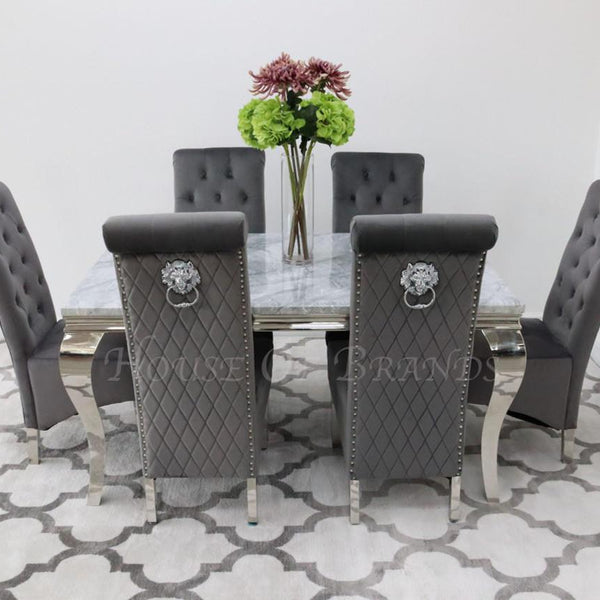 150cm Louis Marble Dining Table with 6 Emma Knockerback Velvet Chairs