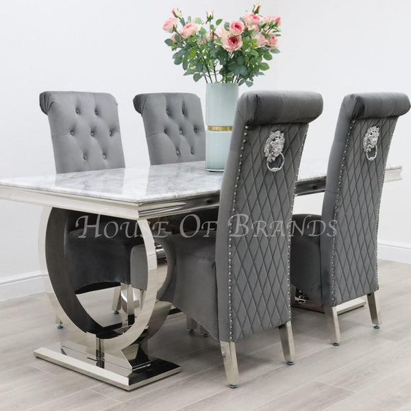 Arianna Chrome Marble Dining Table with 4 Emma Knockerback Velvet Chairs