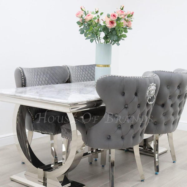 180cm Arianna Chrome Marble Dining Table and 4 Valentino Velvet Knockerback Chairs