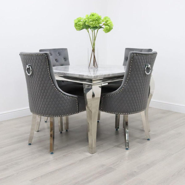 100cm Louis Marble Dining Table with 4 Majestic Ring Knockerback Velvet Chairs