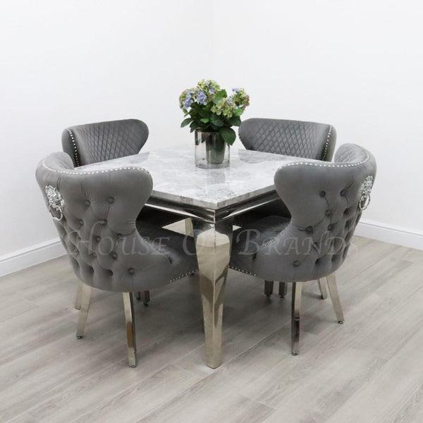 100cm Louis Marble Dining Table with 4 Valentino Velvet Knockerback Chairs