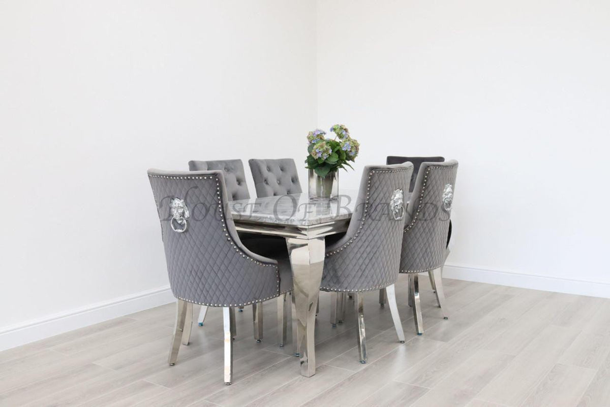 180cm Louis Marble Dining Table with 6 Majestic Knockerback Velvet cha
