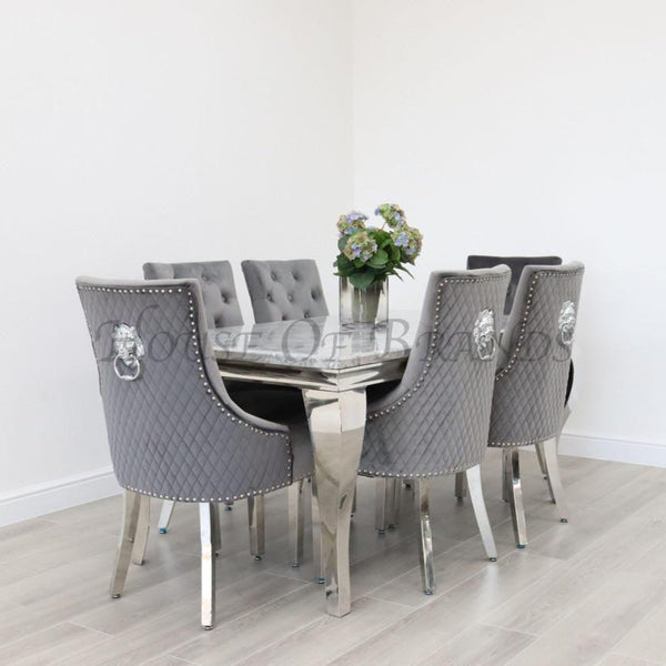 180cm Louis Marble Dining Table with 6 Majestic Knockerback Velvet chairs