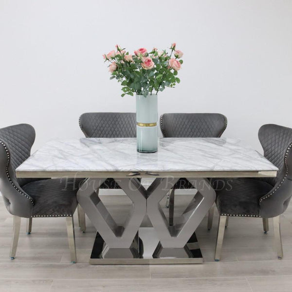 160cm Majestic Marble Dining Table and 4 Valentino Knockerback Velvet Chairs