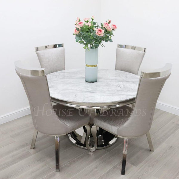 130cm Round Riccardo Marble Dining Table with 4 Tunis Leather Chairs