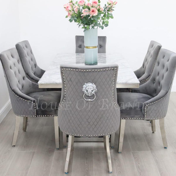 160cm Majestic Marble Dining Table with 6 Majestic Knockerback Velvet Chairs