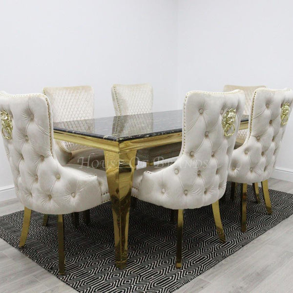Gold Louis Marble Dining Table and Cream Victoria Gold Knockerback Velvet Chairs
