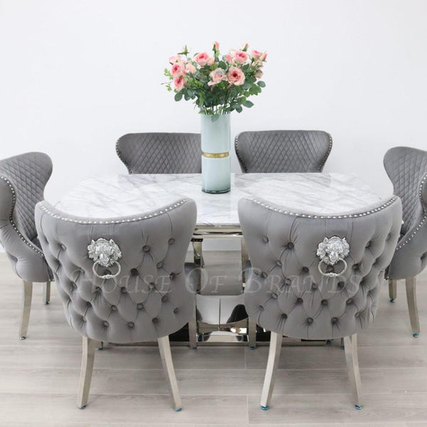 Arial Marble Dining Table and 6 Valentino Knockerback Velvet Chairs